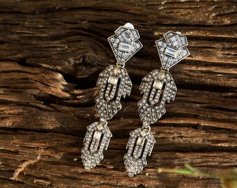 Boucles d'oreilles CLIP ON NON Percées Pinces Pinces Pendante Argenté Art Déco Long Cristal Blanc Great Gatsby Mariage Vintage Style 1920s