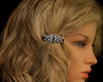 Barrette à Cheveux Clip Art Déco Argenté - Motif Rectangle Strass Blanc, Style Vintage élégant