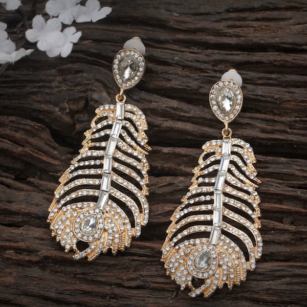 Boucles d'oreilles CLIP ON NON Percées Pinces Anhänger Doré Art Déco Grosse Plume Pavé Strass Mariage Vintage Stil 1920er Jahre