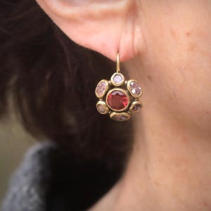 Stunning Antique Gold Finish Sleeper Earrings with White, Blue, Turquoise, Navy Blue, Pink, Red, and Irregular Ruby Rhinestones in a Vintage 1920s Style