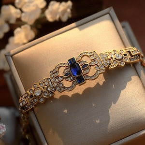 Stunning Antique Gold Art Deco Geometric Floral Bracelet with Emerald Green and Blue Lace, Vintage Wedding Style, 1920s Great Gatsby