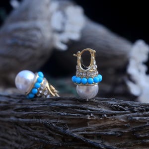 Art Deco Gold Plated Faux White Pearl 12mm Mini Turquoise Pearl Syn. Rhinestone Vintage Wedding Style 1920s Earrings
