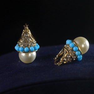 Art Deco Sleeper Earrings Gold Faux White Pearl 12mm Mini Turquoise Pearl Syn. Vintage Rhinestone Wedding Style 1920s