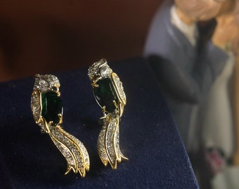 CLIP en pendientes durmientes NO perforados oro plata pájaro CZ verde esmeralda estilo vintage boda 14K plateado