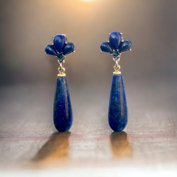 Boucles d'oreilles CLIP ON NON Percées Pinces Pendante Doré Antique Art Déco Ovale Goutte Long Lapis Lazuli Simple Mariage Vintage Style