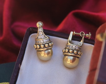 Art Deco-örhängen med clips, antik guldfinish, mini 12 mm metallpärlor infattade med CZ, vintagestil, bröllop från 1920-talet