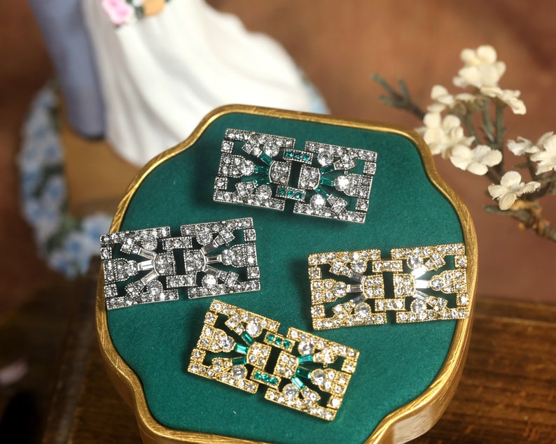 Magnífico broche Art Déco oro geométrico ovalado rectángulo verde esmeralda Rhinestone gran Gatsby 1920s boda de estilo vintage imagen 9
