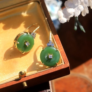 Stunning Art Deco Sleeper Earrings Set with White CZ Donut Imitation Green Jade in Glass Vintage 1920s Style Simple Wedding