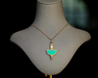 Colar e pingente curtos, super finos, em ouro fosco, estilo Belle Époque, Art Déco, lua, meio círculo, ágata, preto, verde, vintage, estilo casamento, anos 1920, banhados a ouro