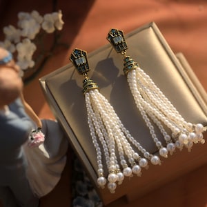 Long Gold Clip on Art Deco Rhinestone Turquoise Tassel Faux Pearl White Vintage Style 1920s Great Gatsby Wedding Earrings