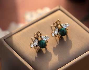Orecchini a clip Art Déco in oro e argento, non forati, design a forma di insetto/ape, verde malachite, stile vintage anni '20