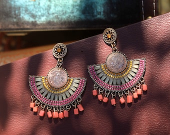 Boucles d'oreilles Clous CLIP ON NON Percées Pendante Doré Chandelier Mini Perle Orange Saumon Eventail Tribal Violet Jaune Vintage Style