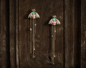 Boucles d'oreilles CLIP ON Pinces NON Percées Pendante Long Doré Art Déco Insecte Abeille Rose Vert Tassel Mariage Vintage Style 1920s