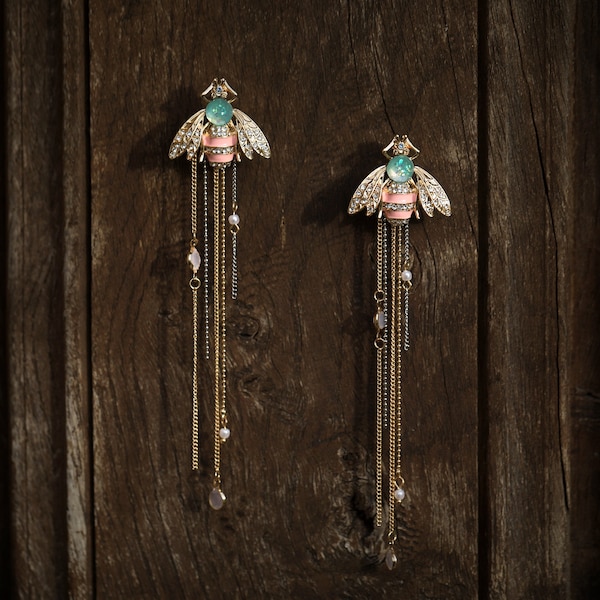 Boucles d'oreilles CLIP ON Pinces NON Percées Pendante Long Doré Art Déco Insecte Abeille Rose Vert Tassel Mariage Vintage Style 1920s