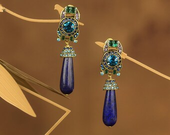 Boucles d'oreilles CLIP ON NON Percées Pinces Pendante Pavé Strass Turquoise Perle Goutte Lapis Lazuli Bleu Vintage Style