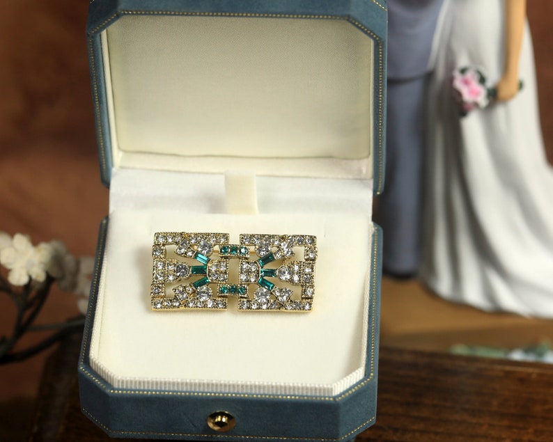 Magnífico broche Art Déco oro geométrico ovalado rectángulo verde esmeralda Rhinestone gran Gatsby 1920s boda de estilo vintage imagen 4
