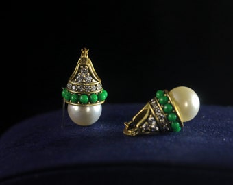 Art Deco Ohrstecker Antik Gold Kunstweiße Perle 12mm Mini Grüne Perle Vintage Stil Vergoldet