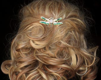 Hair Comb Gold Belle Epoque Victorian Art Nouveau Insect Dragonfly Green Enamel Set White CZ Vintage Style Wedding