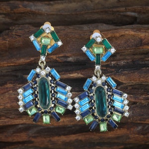 CLIP ON NON Pierced Dangle Earrings Gold Art Deco Chandelier Crystal Green Blue Great Gatsby 1920S Wedding Vintage Style