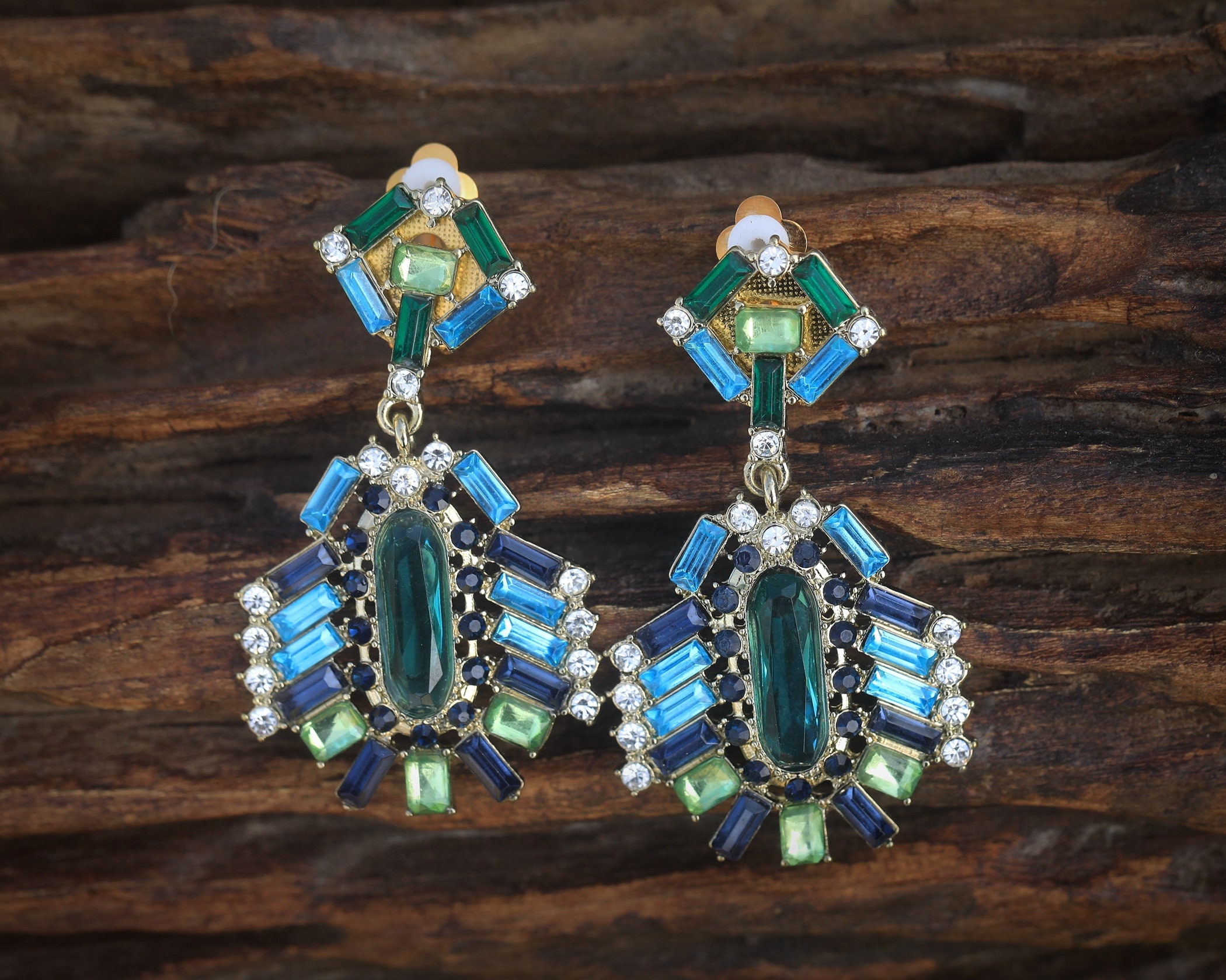 Boucles D'oreilles Clip Art Déco - Pendentifs Chandelier Vert Avec CZ - Fait Main, Neuves