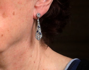 CLIP ON Niet-doorboorde oorbellen Clips Bungelende Zilveren Belle Epoque Drop Set met CZ Blauwe Saffier Vintage Stijl Bruiloft