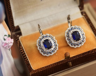 Art Deco Silver Oval Floral Stud Earrings Set with Blue Sapphire CZ Vintage Style Unique 1920s Wedding