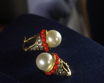 Art Deco Goldfarbene Ohrstecker im antiken Stil, weiße Kunstperle, 12 mm, Mini-Rotperle, Set mit Zirkonia, Vintage-Hochzeitsstil, 1920er Jahre