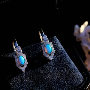 Stunning Belle Epoque Art Deco Sleeper Earrings Set CZ White Opal Oval Green Blue Vintage Style 1920s Lightweight Wedding