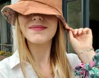 Reversible bob in washed linen and handblock Indian floral fabric - sewn in France Brittany