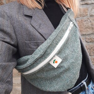 XXL waist bag in green or mottled brown tweed upcycling made in Brittany double slider closure made in France customizable