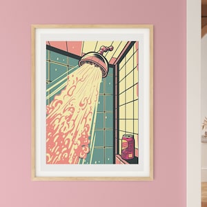 Sztuka piwa, Retro Pink, Sztuka piwa pod prysznicem, Wydruk sztuki piwa, Prezent na nowe mieszkanie, Plakat piwa, Wydruk wózka barowego, Znak piwa, Duński pastelowy wystrój pokoju