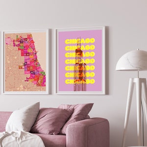 Arte de la pared del horizonte de Chicago, impresión de Chicago, cartel del artista de Chicago, arte de Chicago, decoración del hogar de Chicago, impresión de arte rosa