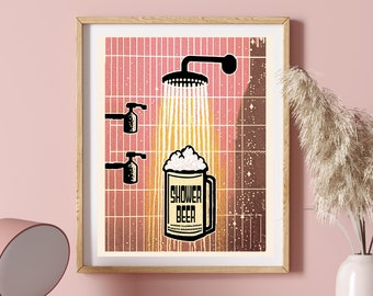 Pink Vintage Retro Beer Art, Shower Beer Art, Beer Art Print, Beer Poster, Retro Bathroom Decor