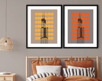 Arte de la pared del horizonte de Chicago, impresión de Chicago, cartel del artista de Chicago, arte de Chicago, decoración del hogar de Chicago, impresión de arte gris oscuro