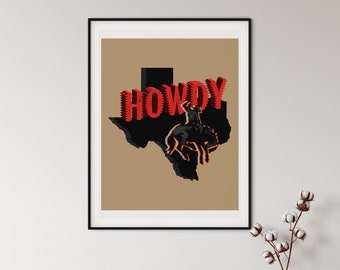 Howdy Poster, Texas Wandkunst, Analglyhische Kunst, Cowboy Druck, Texas Moderne Kunst, Texas Druck, Texas Kunstwerk, Cowboy Kunst, Rodeo Kunstdruck
