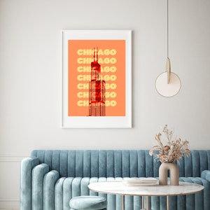 Chicago Skyline Wandkunst, Chicago Druck, Chicago Künstler Poster, Chicago Kunst, Orange Kunstdruck, Chicago Home Decor
