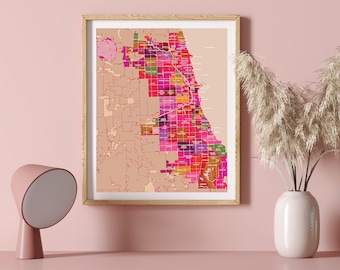 Mapa de la ciudad de Chicago, mapa del vecindario de Chicago, impresión de Chicago, cartel de artista de Chicago, decoración de Chicago, arte de vivero de Chicago, arte de la pared de Chicago