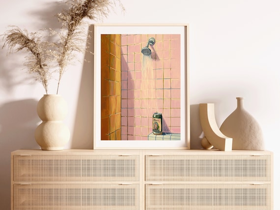 Pink Beer Decor, Vintage 1970s Shower Beer Art Print, First Apartment Gift, Bar Cart Prints, Beer Art, Vintage Poster