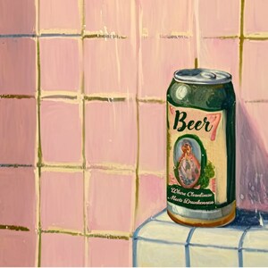 May include: A green beer can with the word "Beer" in white script. The can features a vintage-style label with a portrait and the phrase "Where Cleanliness Meets Drunkenness." The background is a pink tiled wall.