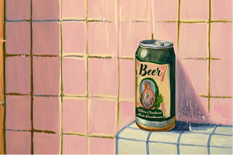 May include: A green beer can with the word "Beer" in white script. The can features a vintage-style label with a portrait and the phrase "Where Cleanliness Meets Drunkenness." The background is a pink tiled wall.