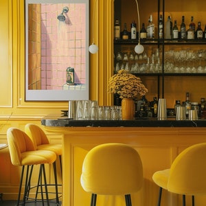 May include: A vibrant yellow bar with matching stools and a black countertop. A framed artwork depicts a shower scene with a beer can. The bar is stocked with glassware and bottles, and a vase of yellow flowers adds a pop of color.