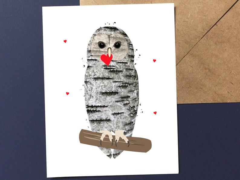 May include: A greeting card featuring an owl illustration. The owl has a birch bark pattern, large eyes, and a red heart-shaped beak. It is perched on a brown branch, with small red hearts scattered around it. The card is on a white background.