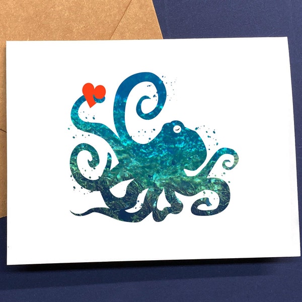 Octopus Love Card, Heart Valentine, Octopus Art