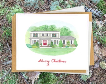 Custom House Christmas Card with Unique Watercolor Painting, Personalized Home Portrait Holiday Card, Set of Folded Cards or Digital File