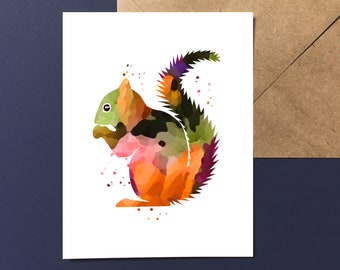 Squirrel Card with Colorful Squirrel Art, Single or Set of Notecards
