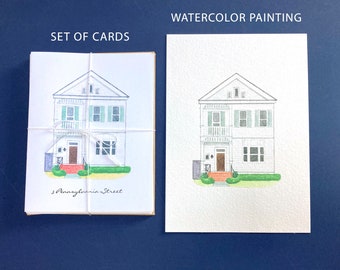 Watercolor House Portrait and Note Cards, Personalized Stationery