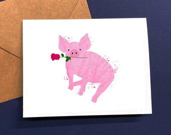 Pink Pig with Rose Greeting Card - Animal Valentine's Day Card