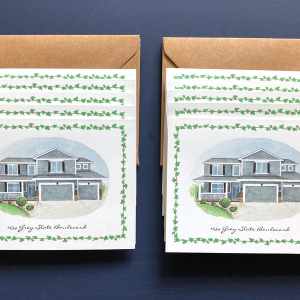 House Portrait + Note Cards, Personalized Stationery, Watercolor Home Illustration, Unique Gift for Homeowner
