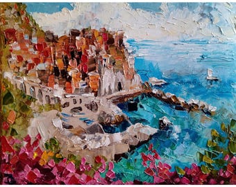 Original Italy Coastal Oil Painting: Manarola Art, Tuscany Landscape