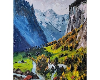 Lauterbrunnen Waterfall Oil Painting: Swiss Landscape Impressionist Art